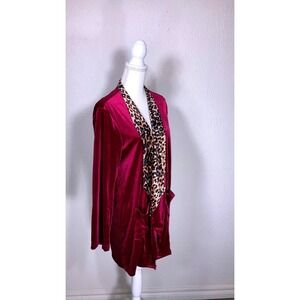 Umgee Plum Velvet Leopard Print Trip Open Front Cardigan Pockets Womens Medium